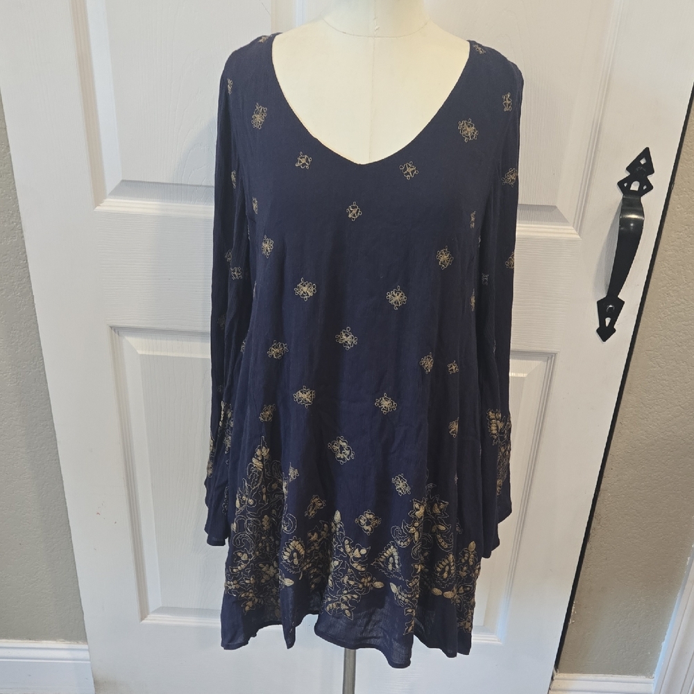 Free People Navy Printed Long Sleeve Tunic Dress – Size M fp18